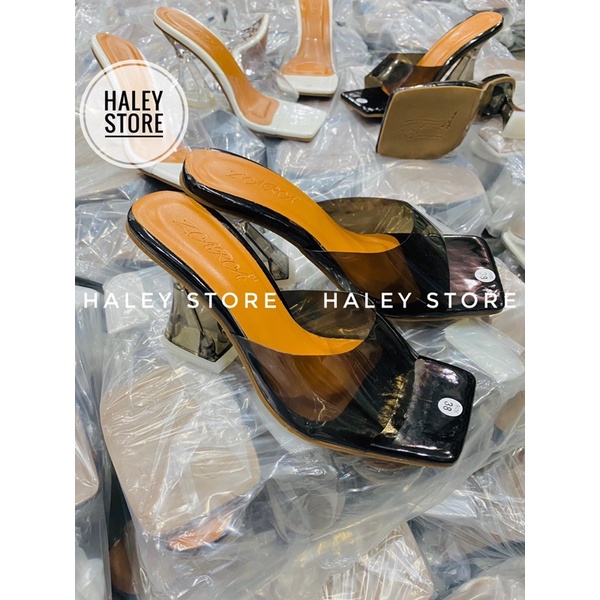 Giày guốc nữ HALEY STORE gót loe quai trong suốt mũi vuông mẫu mới 2022 đi tiệc du lịch tiểu thư sang trọng cá tính