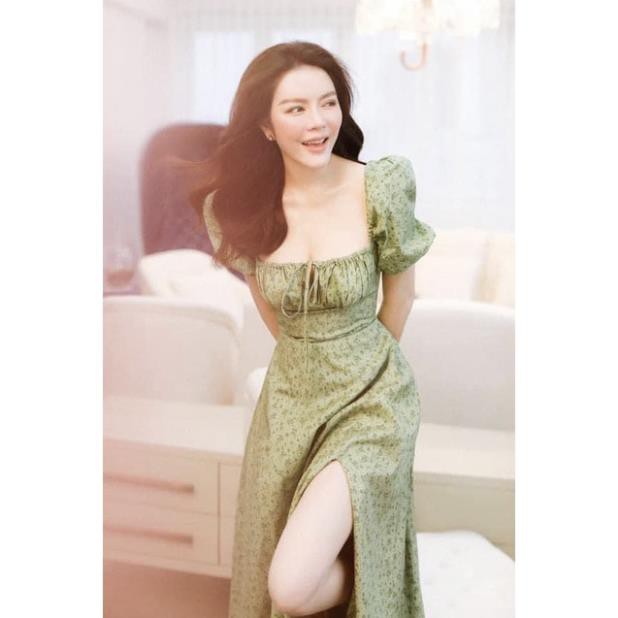 Váy xanh hoa nhí xẻ tà vintage