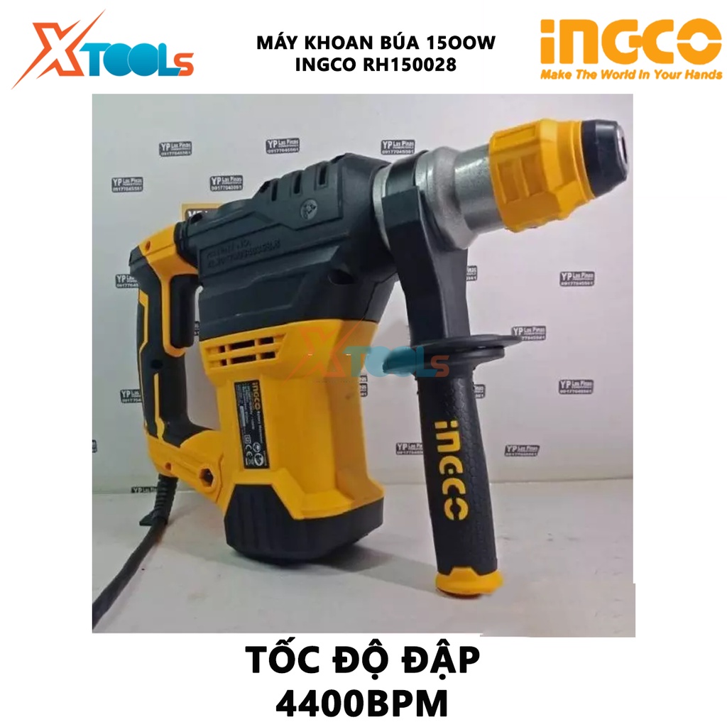 Máy khoan búa dùng pin 3 chức năng 1500w Ingco RH150028 đầu gài sds, tốc độ 850rpm, tốc độ đập 4400bpm, lực đập 5,5j, kh