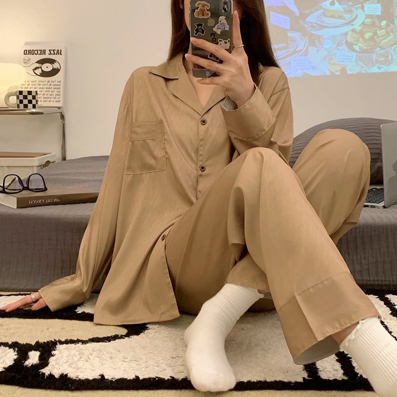 Bộ Pijama lụa Thiết Kế Mẫu Trơn Áo Dài Quần Dài Siêu Sang Mặc Nhà Thoải Mái