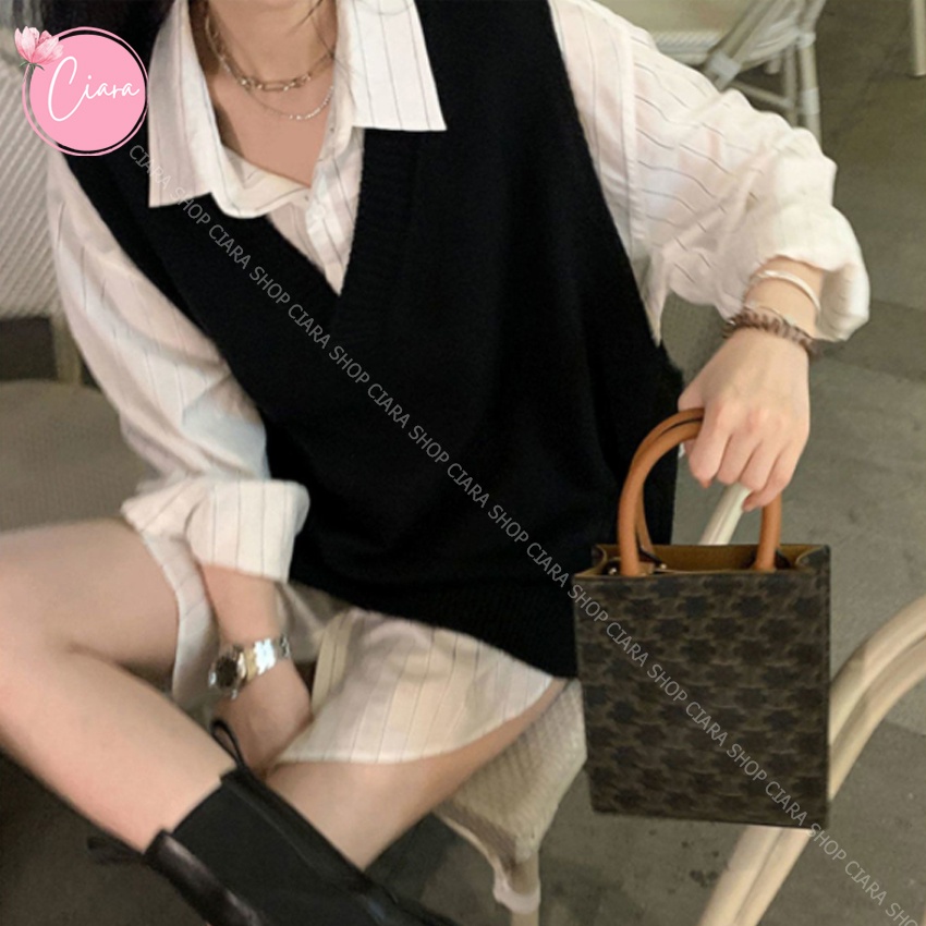 Áo sơ mi nữ form rộng kẻ sọc và áo gile nữ 2021 Ciara Shop TB34, set đồ nữ cá tính