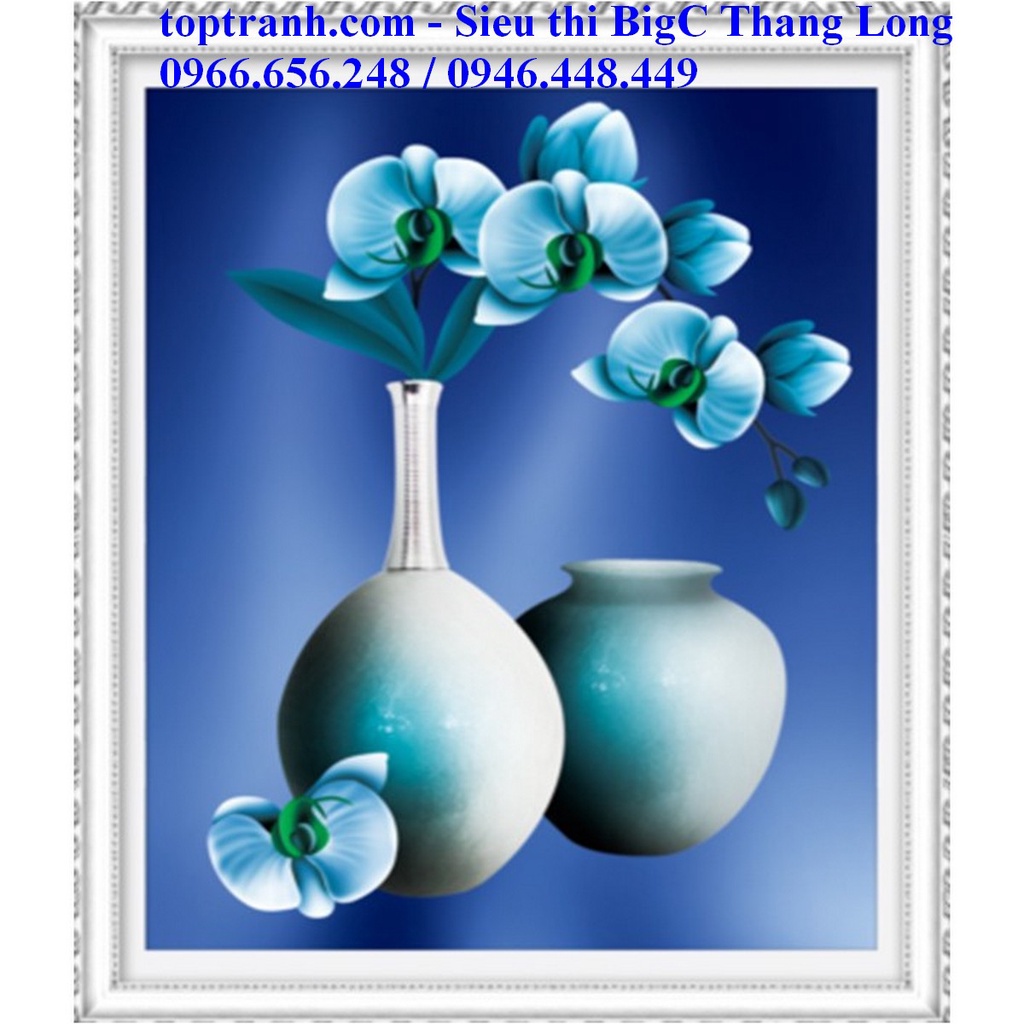 Tranh thêu chữ thập bình hoa lan màu xanh A880 chưa thêu