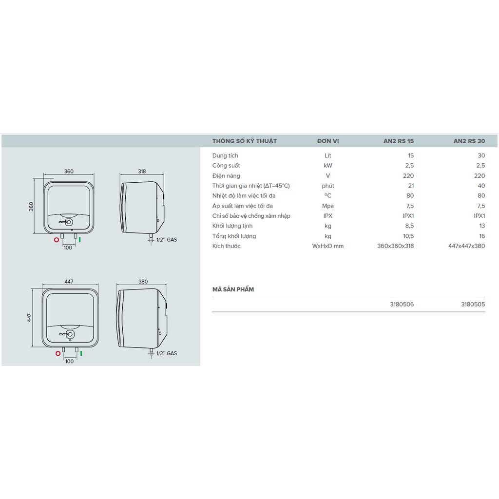 [Hàng chính hãng] Bình nước nóng Ariston Andris2 RS 15 lít AN2 15RS Mới 100%