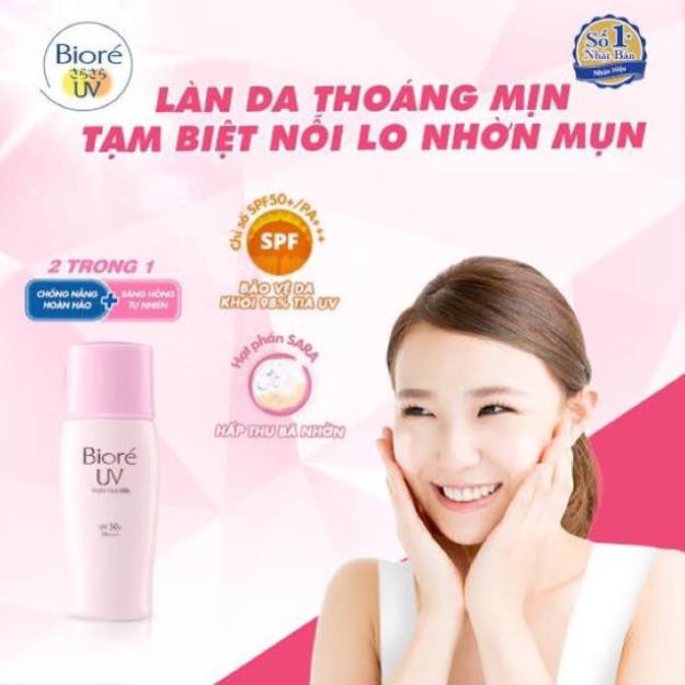 (Hàng Chính hãng Nhật) Sữa kem Chống Nắng Dưỡng Da Sáng Hồng SPF50+ PA+++ UV Bright Face Milk Bright Skin Biore Nhật Bản
