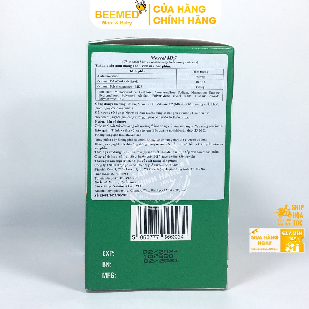 Viên uống bổ sung canxi - MEXCAL MK7, ngừa loãng xương cho bà bầu, người cao tuổi, giúp trẻ phát triển chiều cao