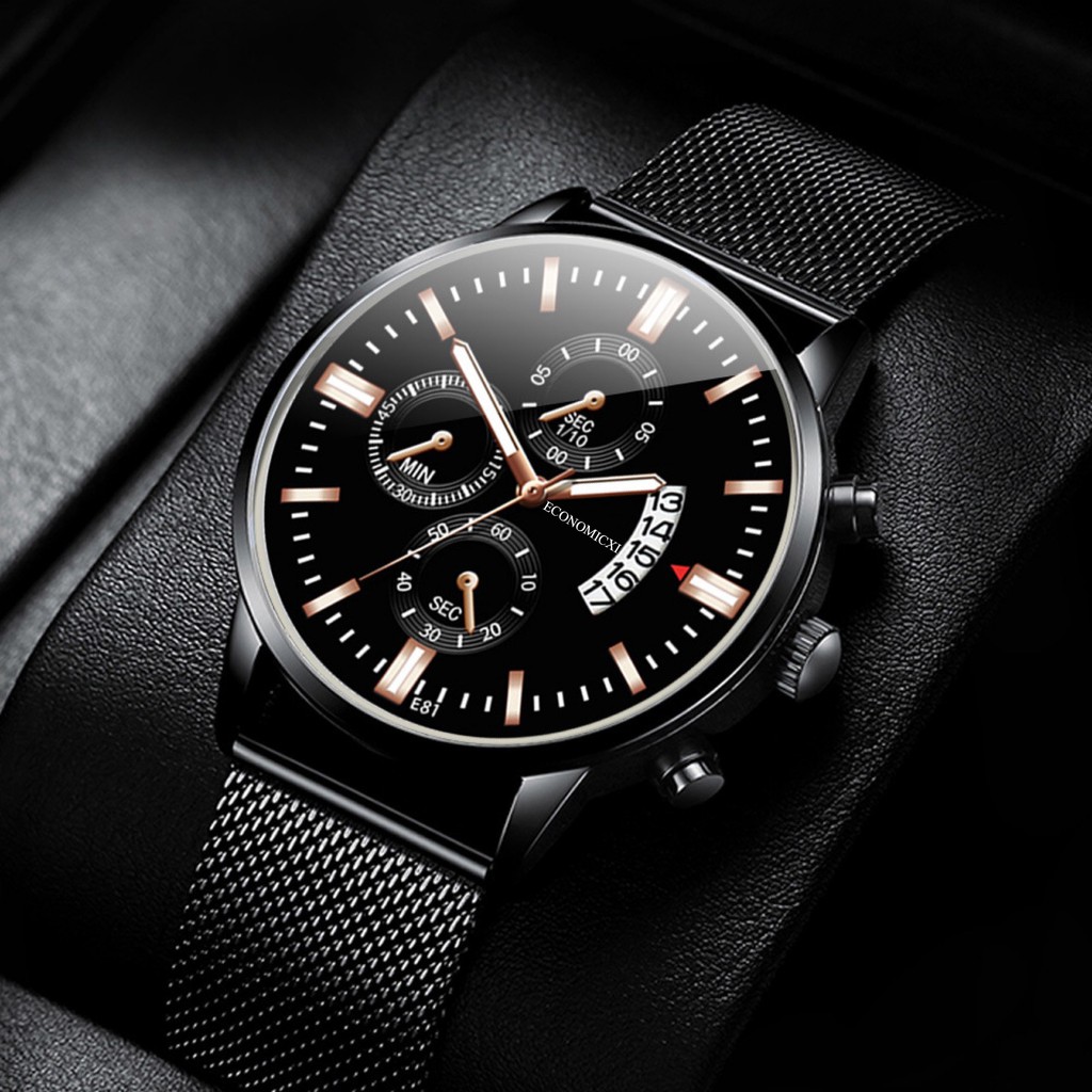 Đồng hồ nam ECONOMICXI cao cấp dây thép lụa đen chạy lịch ngày cao cấp - Thiết kế nam tính ECO79 (Full hộp) | BigBuy360 - bigbuy360.vn