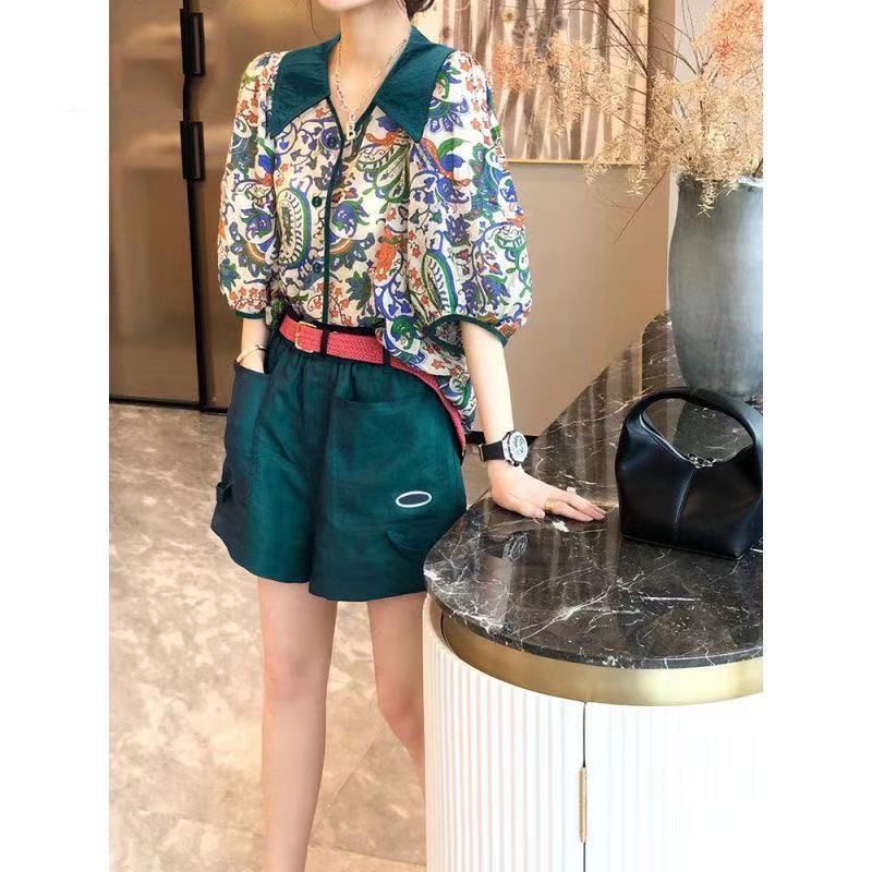 Bộ Áo Sơ Mi In Hoa + Quần Short Ống Rộng Thời Trang Mùa Hè Cho Nữ