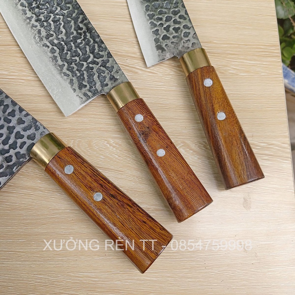 Bộ 3 Dao Nhà Bếp (Chặt - Thái - Lọc) Rèn Từ Thép Nhíp Dập Vân 2 Mặt - Cán Cẩm Chỉ Cao Cấp