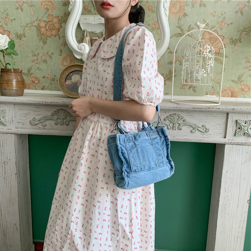 Túi đeo chéo vai bằng vải jean có dây đeo điều chỉnh phong cách retro dành cho nữ