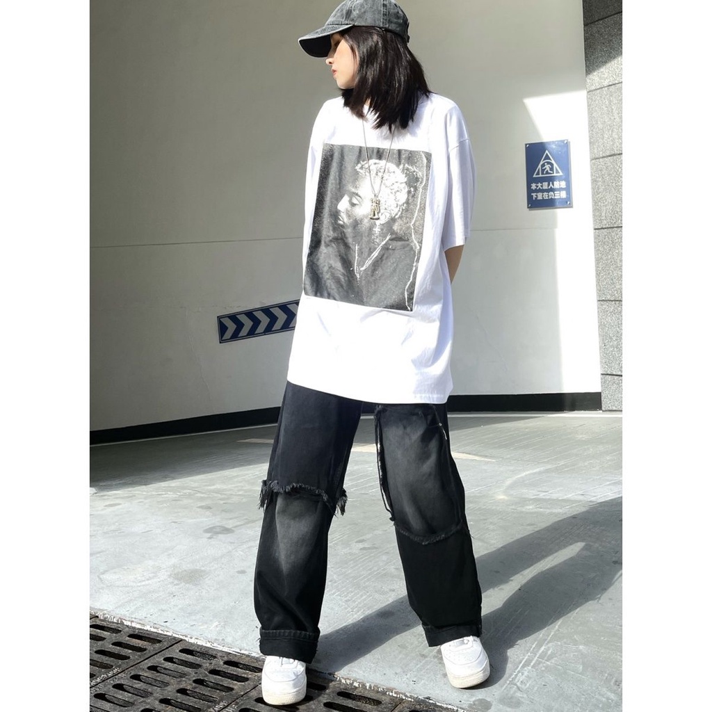 Quần jean dài lưng cao ống rộng dáng suông kiểu retro cá tính cho nữ