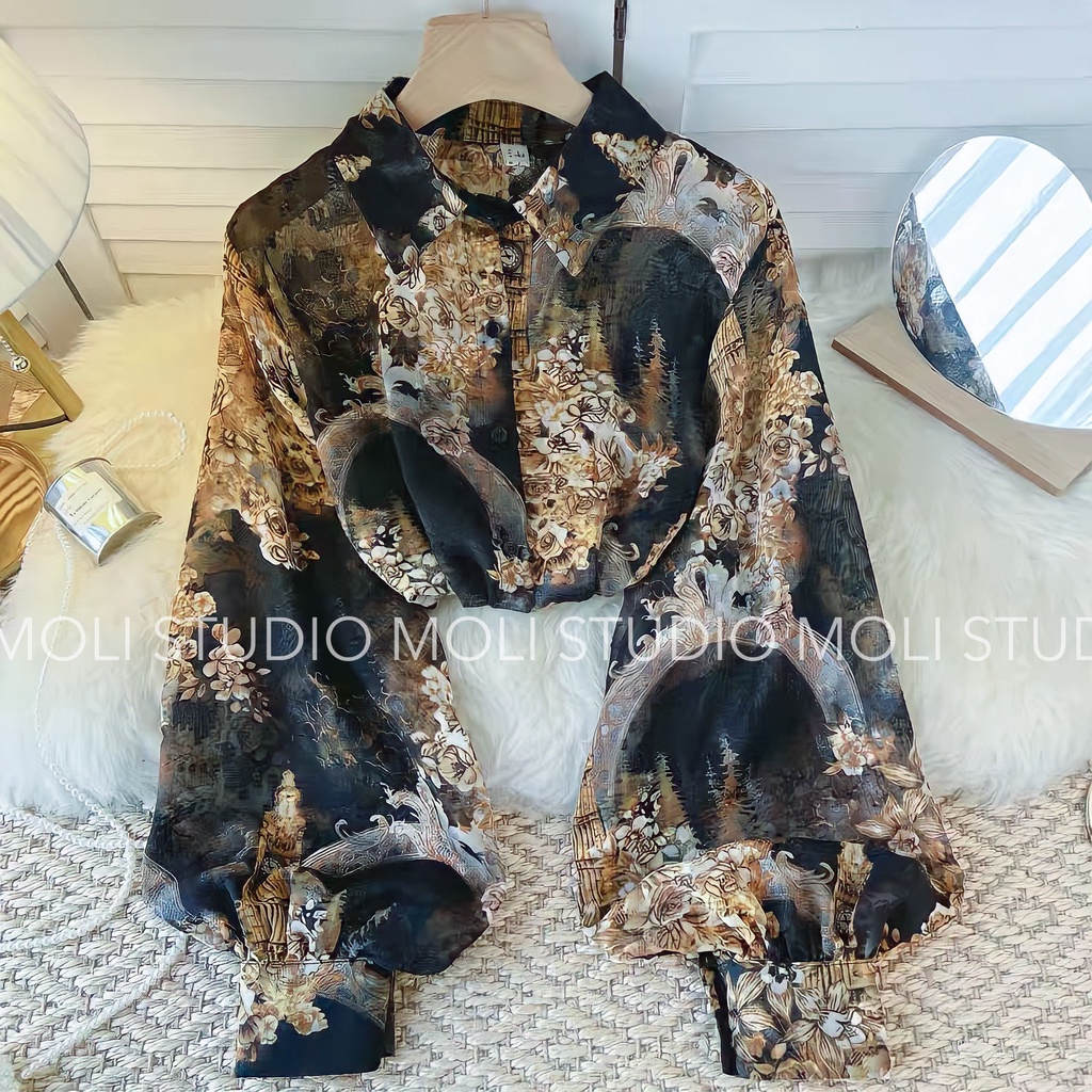 Áo sơ mi lụa Lalin Quảng Châu Cao Cấp Tay Phồng Vạt Đuôi Tôm Mã M1 Siêu Xịn