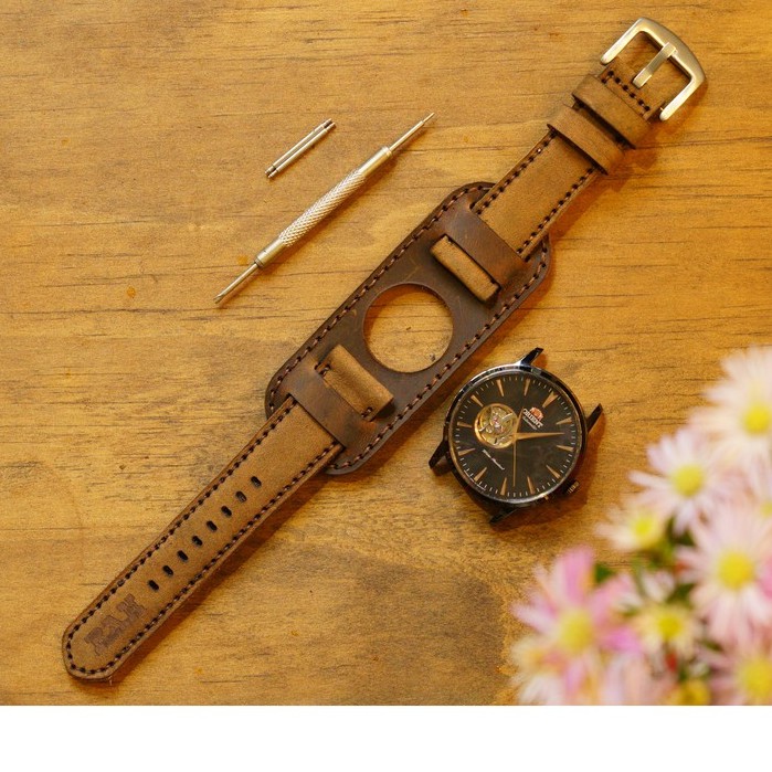 Dây apple watch da bò sáp nâu kiểu quân đội handmade bền chắc RAM Leather Bundstrap B1 - tặng khóa chốt và adapter