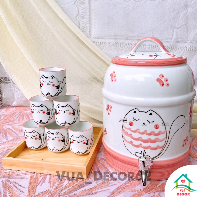 Bộ Bình đựng nước Gốm Sứ Bát Tràng có vòi, bình gốm 9 lit Hình Mèo Hồng Decor Cực Xinh
