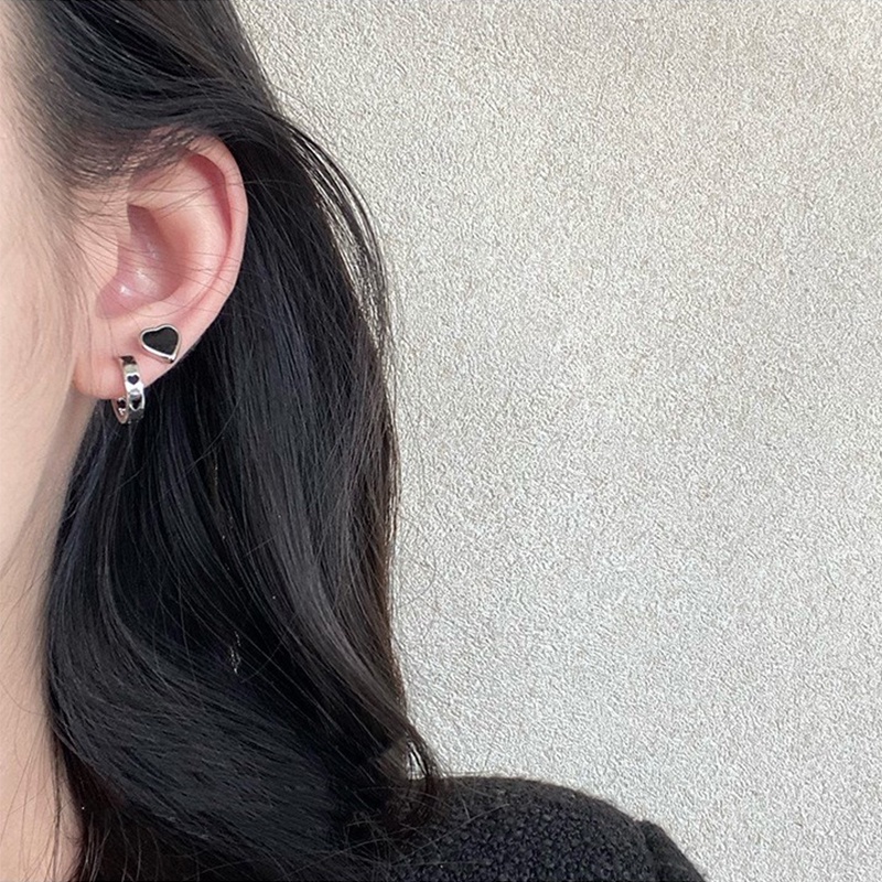 Set 6 khuyên tai DODDER dáng dài mặt trái tim vuông vòng màu đen thời trang đơn giản dành cho nữ