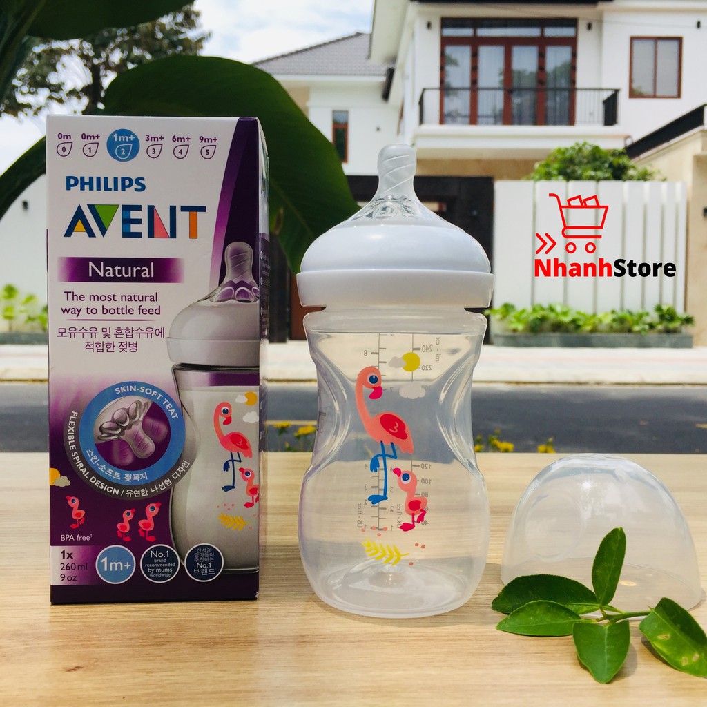 Bình sữa Avent Nautural 260ml Họa tiết Hà mã, Hạc hồng