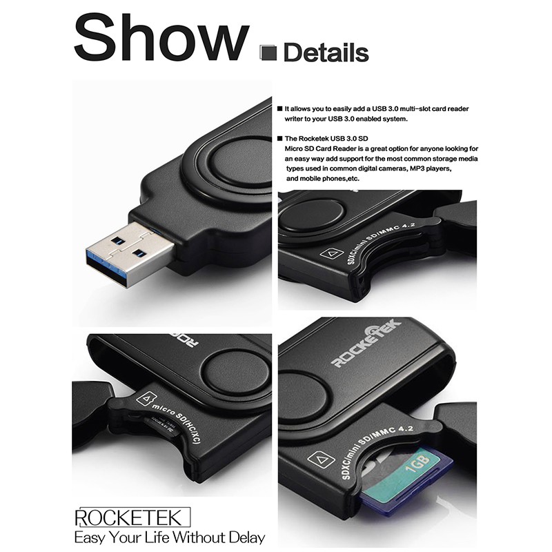 Đầu Đọc Thẻ Nhớ Rocketek USB 3.0 OTG Type c Cho SD / TF Micro SD Máy Tính laptop