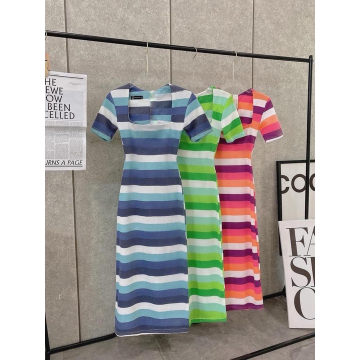 Đầm Body Sọc Ngang Cổ Vuông Thun Lạnh