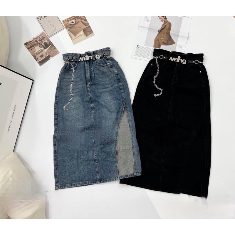 CHÂN VÁY JEANS DÁNG DÀI XẺ KÈM ĐAI XÍCH QC L1 MS30661
