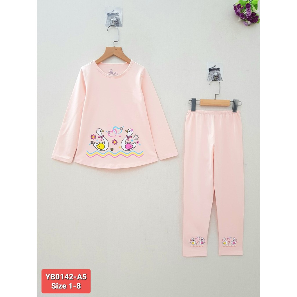 YB0142-A5 - Bộ bé gái cotton dài tay , in 2 con vịt , màu lòng tôm , size bé 1t-8t - Hàng Made In Vietnam