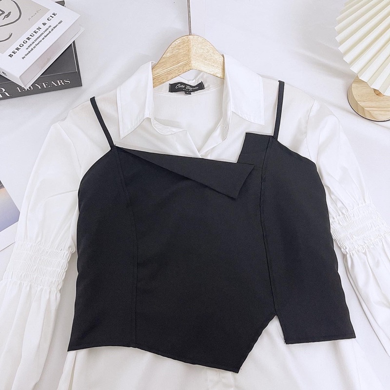 Set áo sơ mi bigsize kèm croptop vạt lệch