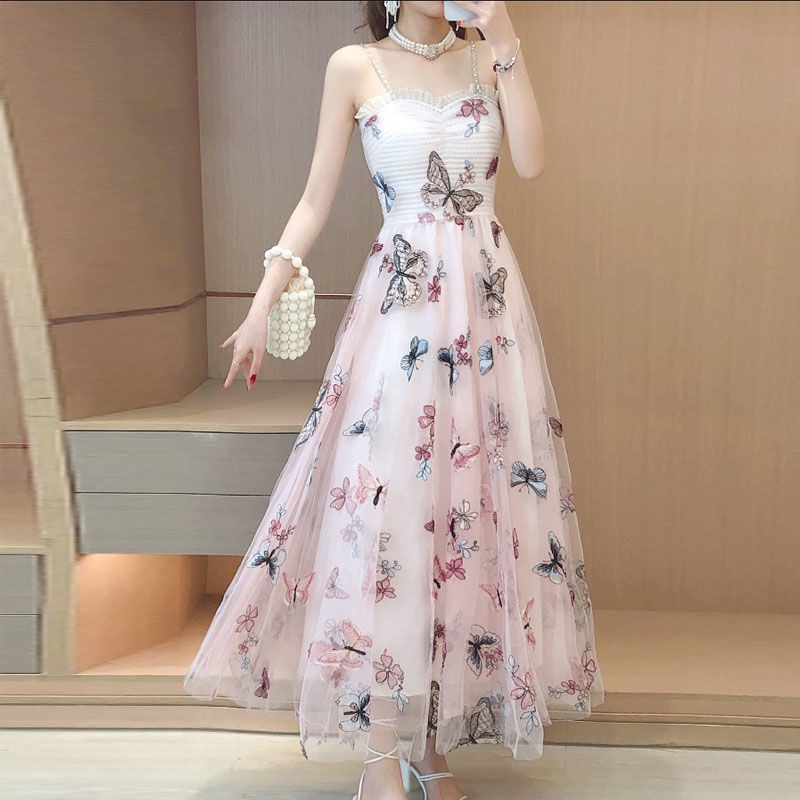 Đầm Lưới Hai Dây Ôm Eo Thêu Hình Bướm Thời Trang Hàng Mới 2022