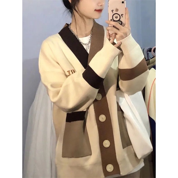 Áo Khoác Cardigan Dệt Kim Dáng Rộng Thêu Chữ Phối Màu Tương Phản Cá Tính Thời Trang