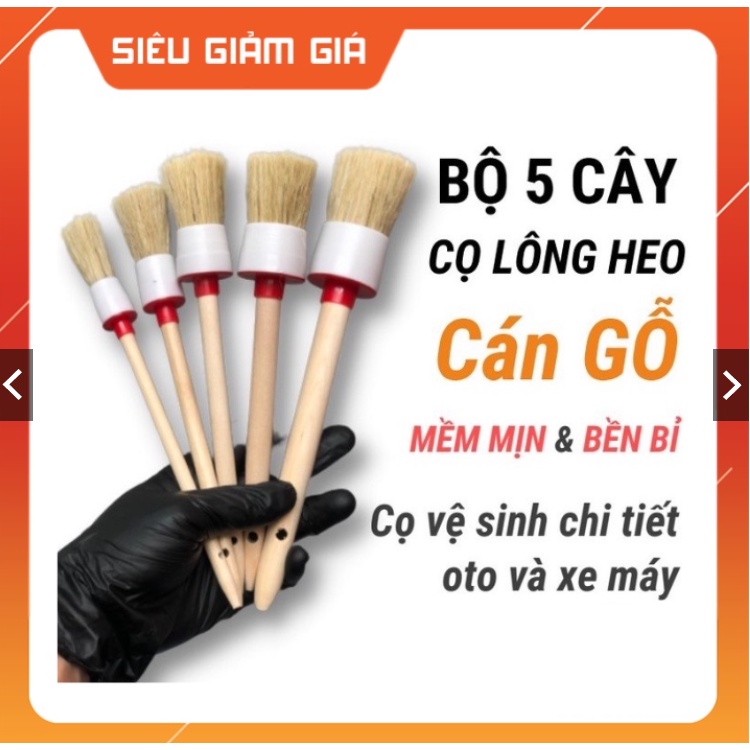 BỘ 5 CỌ LÔNG HEO CÁN GỖ MỀM RỬA XE CHI TIẾT CHUẨN DETAILING KHAN VÀNG XAM 30X60 GĂNG CỪU