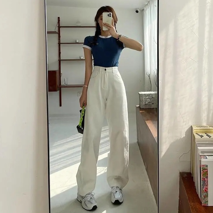 SUXI Quần jean nữ lưng cao ống rộng kiểu Hàn Quốc