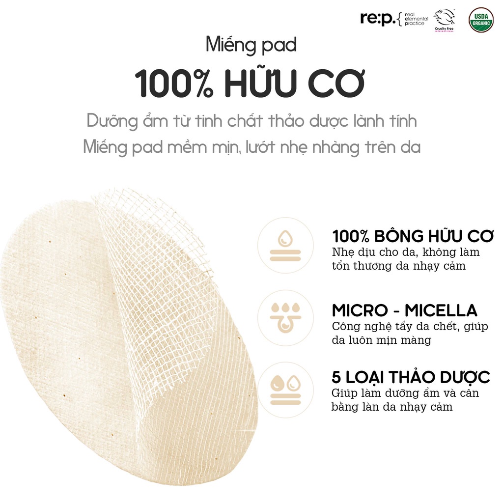 Pad Tẩy Da Chết Dành Cho Da Nhạy Cảm RE:P Organic Cotton Treatment Toning Pad 90 miếng