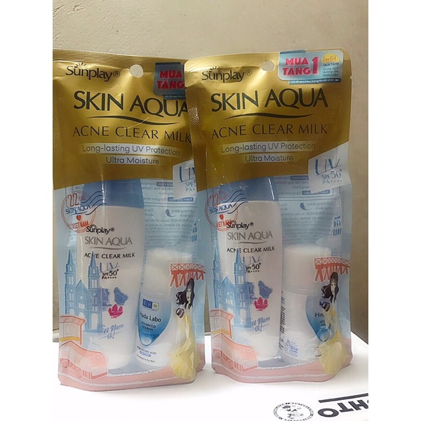 Kem chống nắng Sunplay Skin Aqua Acne Clear Milk 25g tặng kem rửa mặt Hadalabo/Acnes 25g hoặc son Water Color