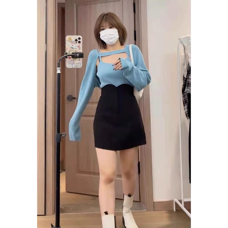 Sét khoác len dài tay chân váy cạp cao che khuyết điểm 6sstore