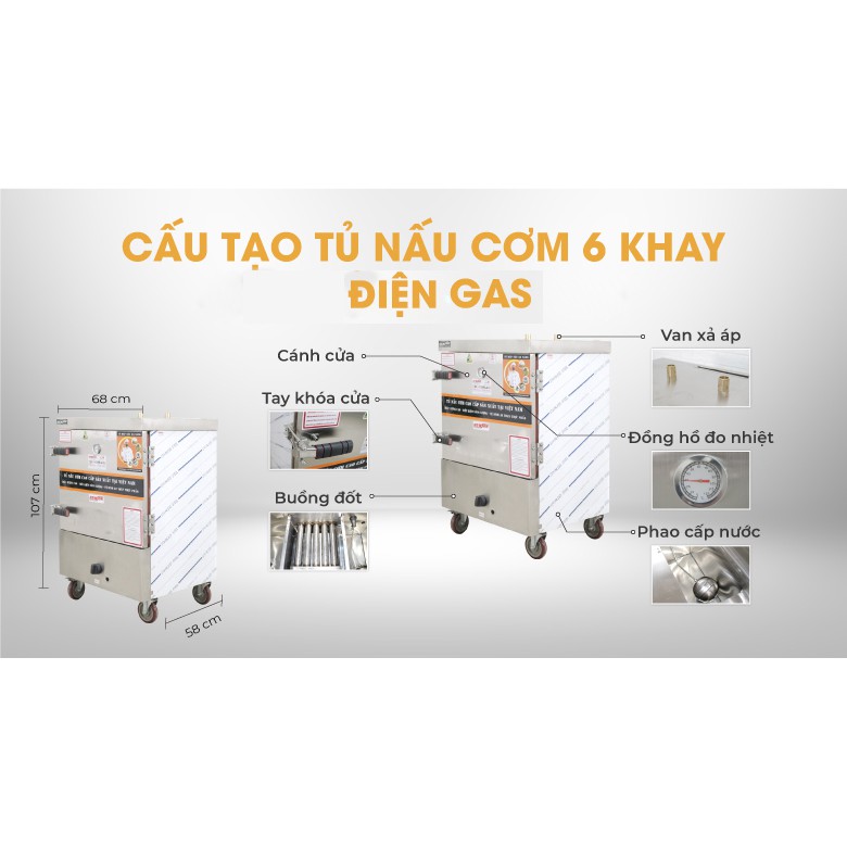 Tủ nấu cơm 30 kg gạo/mẻ 6 khay bằng điện gas NEWSUN Việt Nam - Bảo hành 12 tháng - Hàng chính hãng