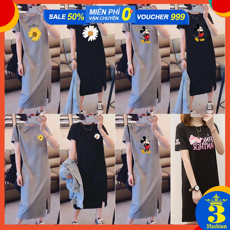 Đầm Thun Dài Dáng Suông Tay Ngắn Cổ Tròn Vải Thun Cao Cấp Mềm Mát Họa Tiết Hoa Cúc, Mickey Dễ Thương - MSP D03