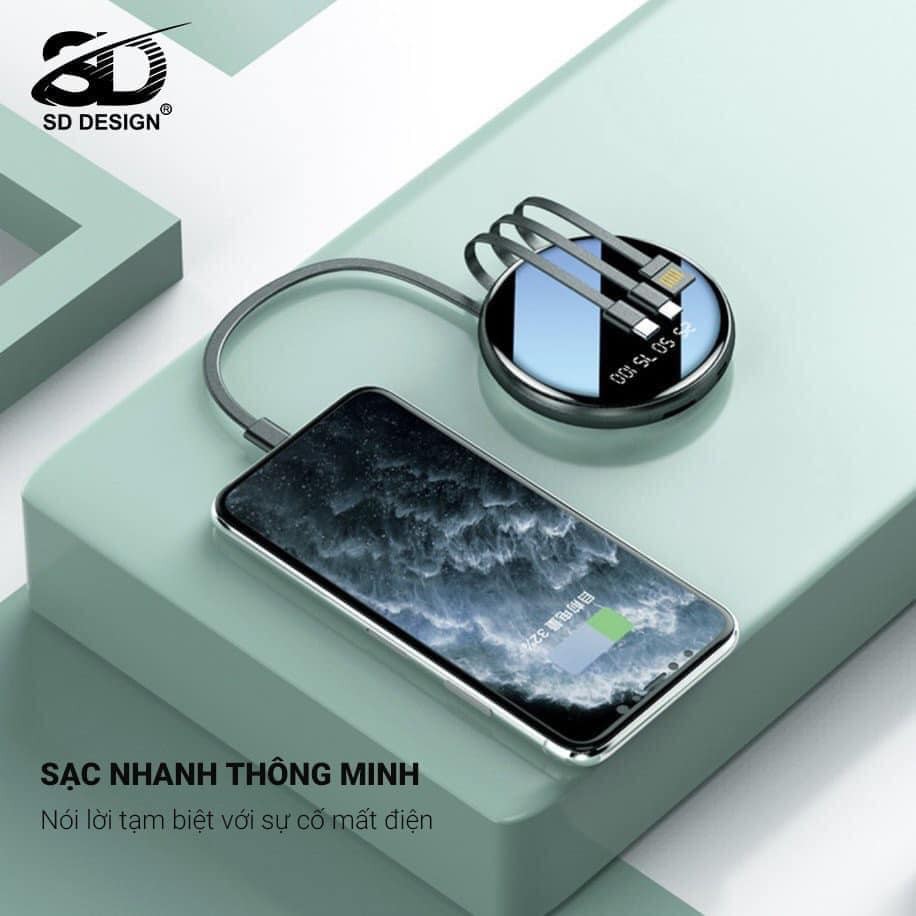 [BH 6 Tháng] Sạc Dự Phòng Mini SD Design G03 10000m Cho iPhone/Samsung/Xiaomi/Oppo/Huawei Tích Hợp 4 Cáp Sạc+Màn Led Pin