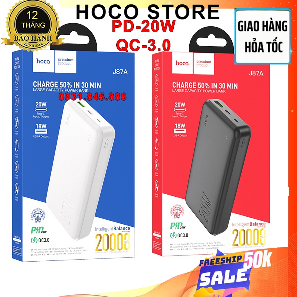 ⚡Mới⚡Pin Sạc Dự Phòng Siêu Tốc 20W Hoco J87/J87A Chính Hãng 10000mAh/ 20000mAh Sạc Nhanh 2 Cổng PD+QC 3.0 Bảo hành 1 Năm