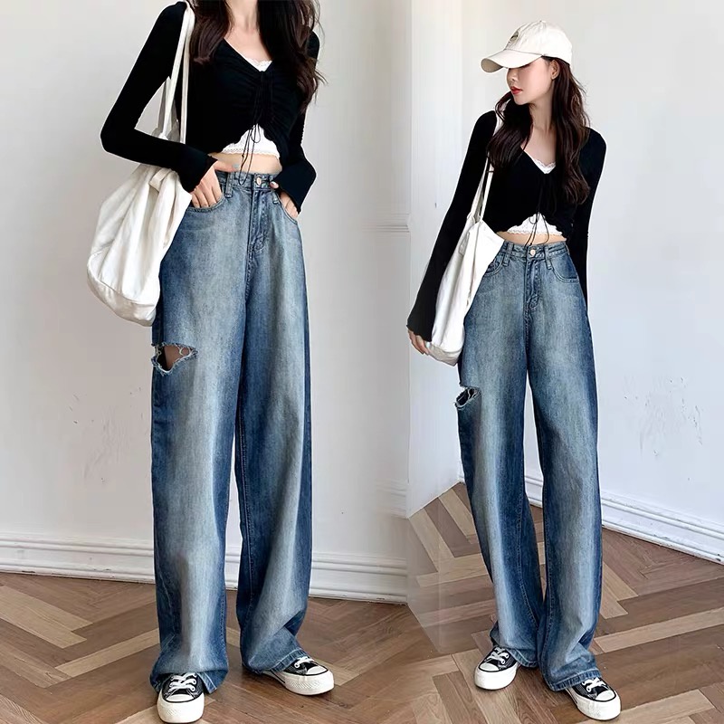 Quần Jeans Dài Ống Rộng Màu Sắc Gradient Thời Trang Cho Nữ