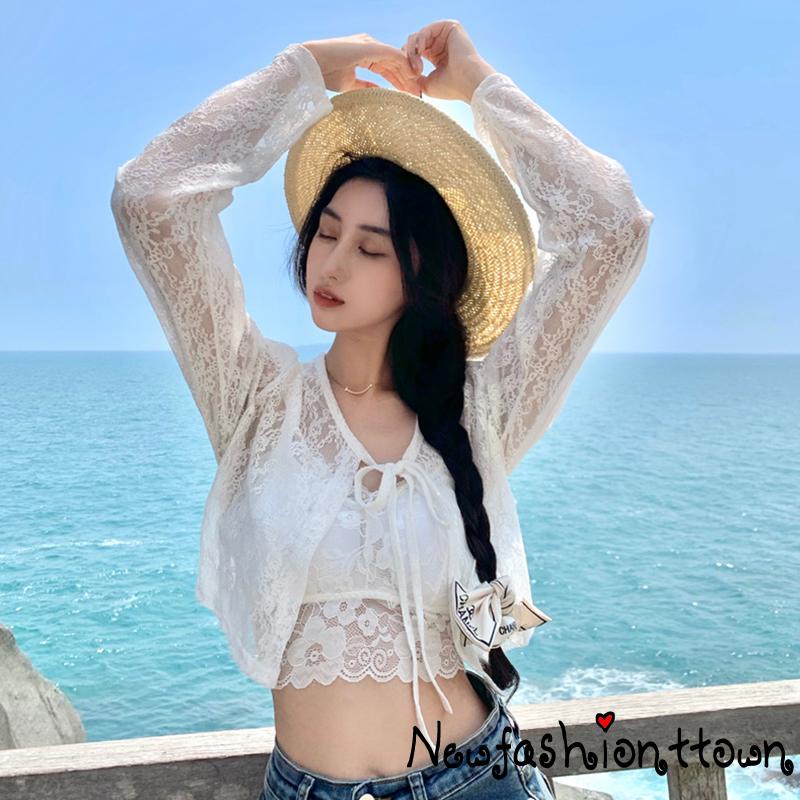 ღtwღWomen´s Summer Cardigan Jacket Solid Color Long Sleeves Strappy Sun Protection Cropped Lace Shirt