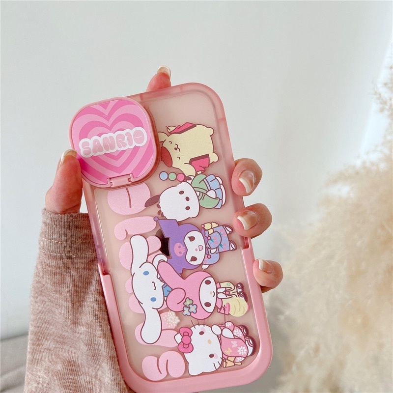 Ốp lưng iphone mềm dẻo có gương che bảo vệ camera và chân để bàn tiện lợi hoạt hình màu hồng baby