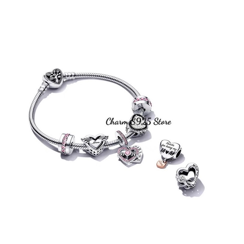 charm pan treo đính đá hồng Mom bạc s925 cao cấp