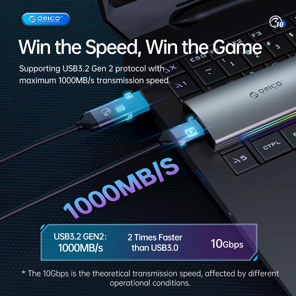 Vỏ ổ cứng ORICO M2R2 RGB 10Gbps M2 NVMe SSD USB3.1 Gen2 bằng nhôm dành cho máy chơi game