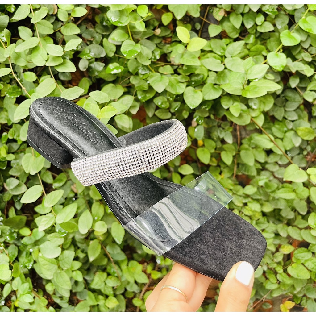 Guốc đế thấp quai mica trước viền dây đá nổi gót thấp - 2P