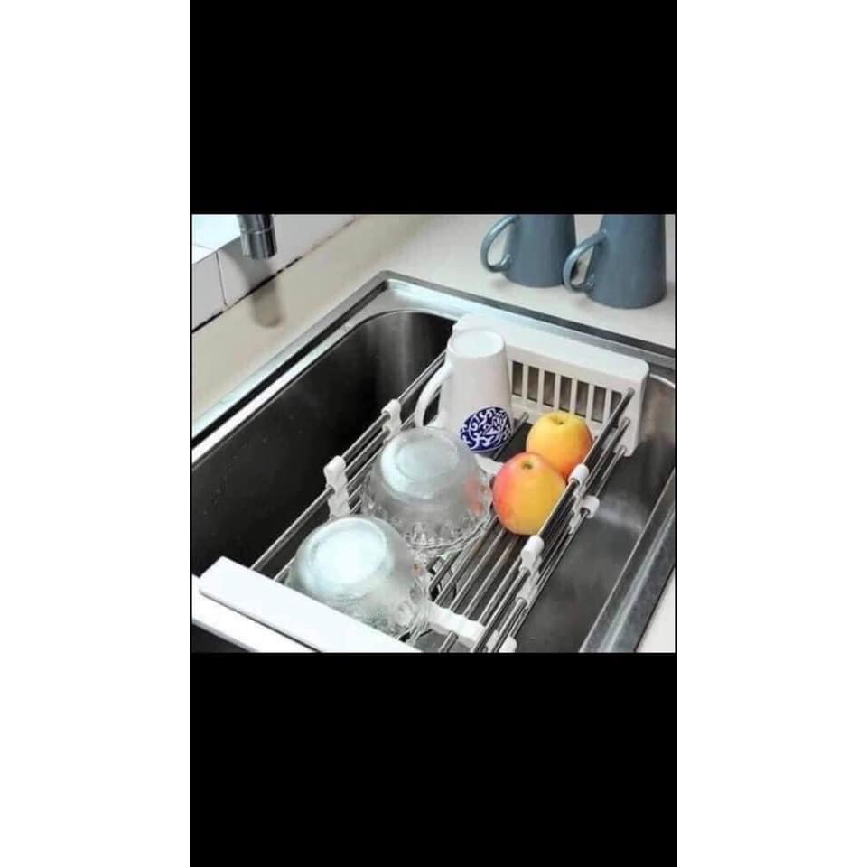 Rổ inox rút gọn đa năng kê bồn rửa chén bát tiện lợi