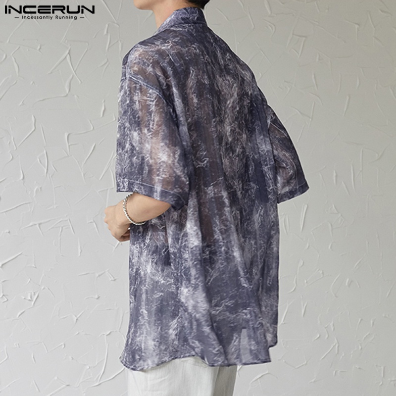 Áo sơ mi INCERUN tay lửng xuyên thấu họa tiết đá hoa cương đơn giản thời trang mùa hè dành cho nam