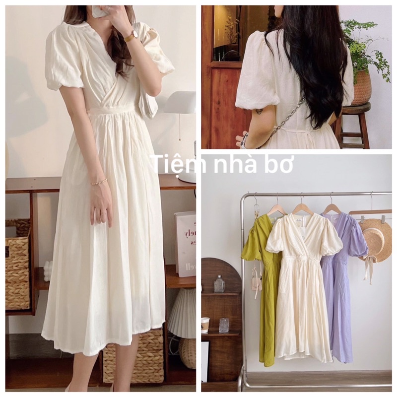 Váy đầm cổ v vạt chéo tay bồng dáng dài kèm dây buộc eo