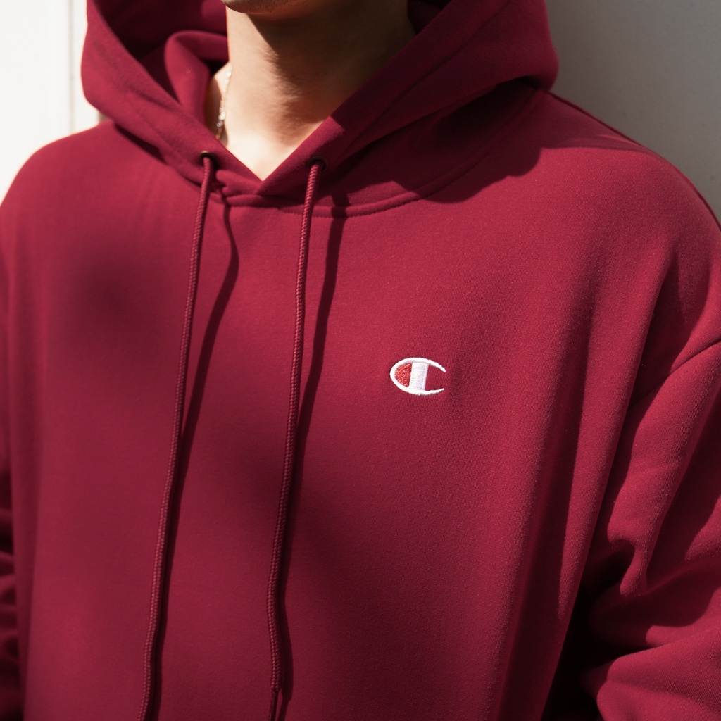 Áo Hoodie Thêu Logo Champion Sắc Nét Vải Nỉ Bông Cotton Form Rộng Rãi Unisex Màu Đỏ Đô