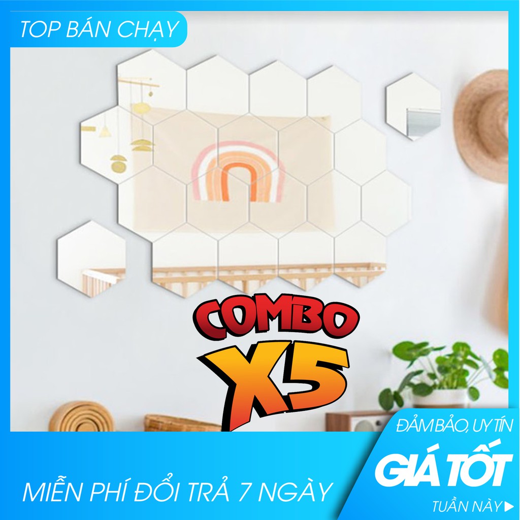 [SALE SỐC]12 miếng gương dán tường 3D hình lục giác 8x8 cm