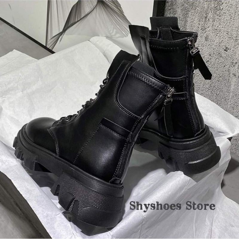 (Có Sẵn+Ảnh Thật) Giày Boot chiến binh đế đôn 5.5cm phối dây kéo sau | nhập mã NUMSSP freeship extra