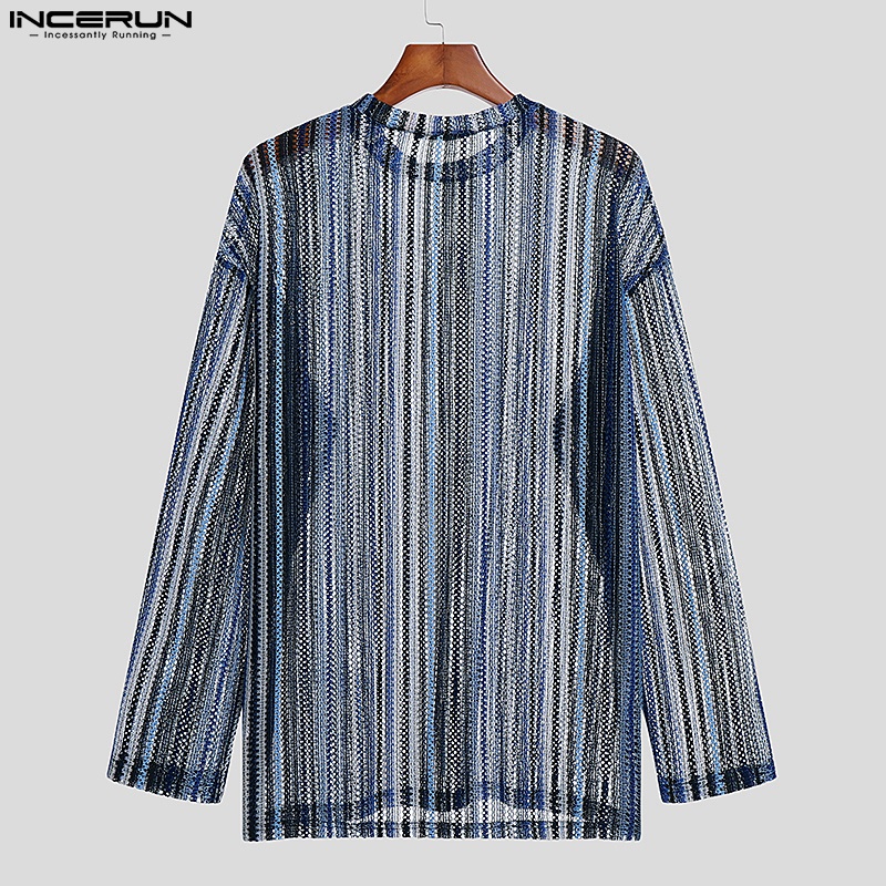 Áo dài tay INCERUN trong suốt kẻ sọc phối khóa kéo kiểu vintage thời trang mùa hè cho nam