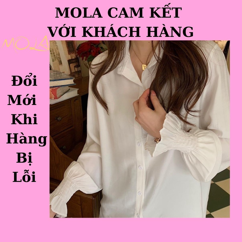Áo Sơ Mi Nữ Form Rộng Kiểu Công Sở Dài Tay Phồng Bo Chun Dáng Dài Hàn Quốc Vải Lụa Màu Trắng Cổ Đức Vintage MOLA | BigBuy360 - bigbuy360.vn