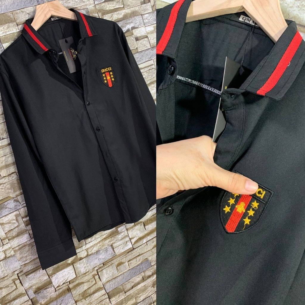 Áo Sơ Mi Nam Nữ Dài Tay Chất Lụa Phối Họa Tiết Thêu Lá Cờ | BigBuy360 - bigbuy360.vn